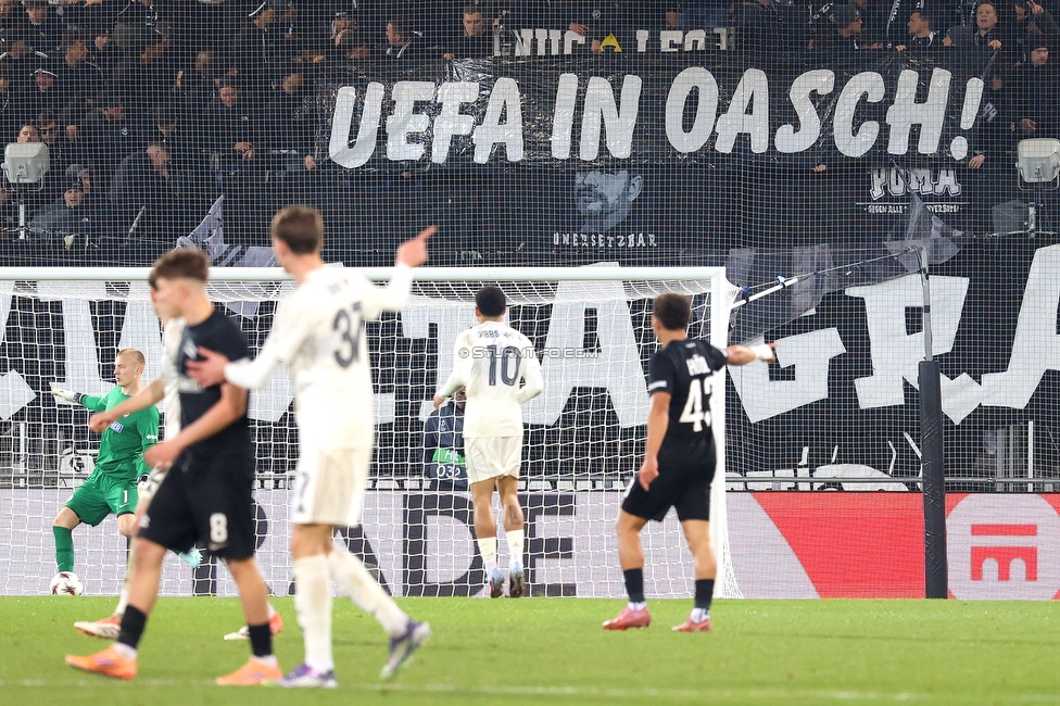 Sturm Graz - Nottingham
UEFA Europa League Gruppenphase 4. Spieltag, SK Sturm Graz - Nottingham Forest, Stadion Liebenau Graz, 06.11.2025. 

Foto zeigt Fans von Sturm mit einem Spruchband
Schlüsselwörter: repression