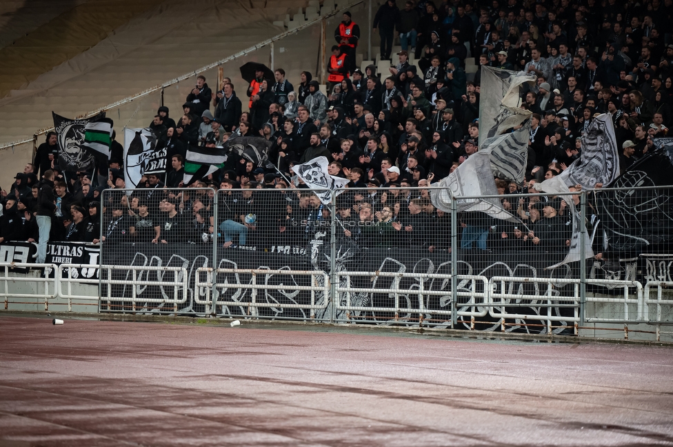 Panathinaikos - Sturm Graz
UEFA Europa League Gruppenphase 5. Spieltag, FC Panathinaikos - SK Sturm Graz, Olympiastadion Athen, 27.11.2025. 

Foto zeigt Fans von Sturm mit einem Spruchband
Schlüsselwörter: repression