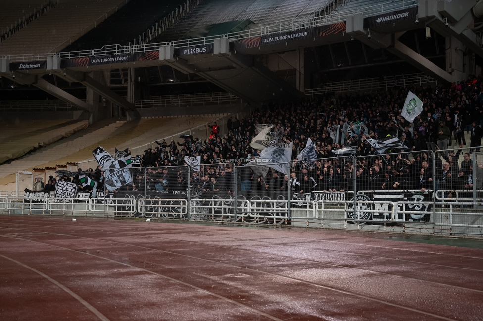 Panathinaikos - Sturm Graz
UEFA Europa League Gruppenphase 5. Spieltag, FC Panathinaikos - SK Sturm Graz, Olympiastadion Athen, 27.11.2025. 

Foto zeigt Fans von Sturm mit einem Spruchband
Schlüsselwörter: repression