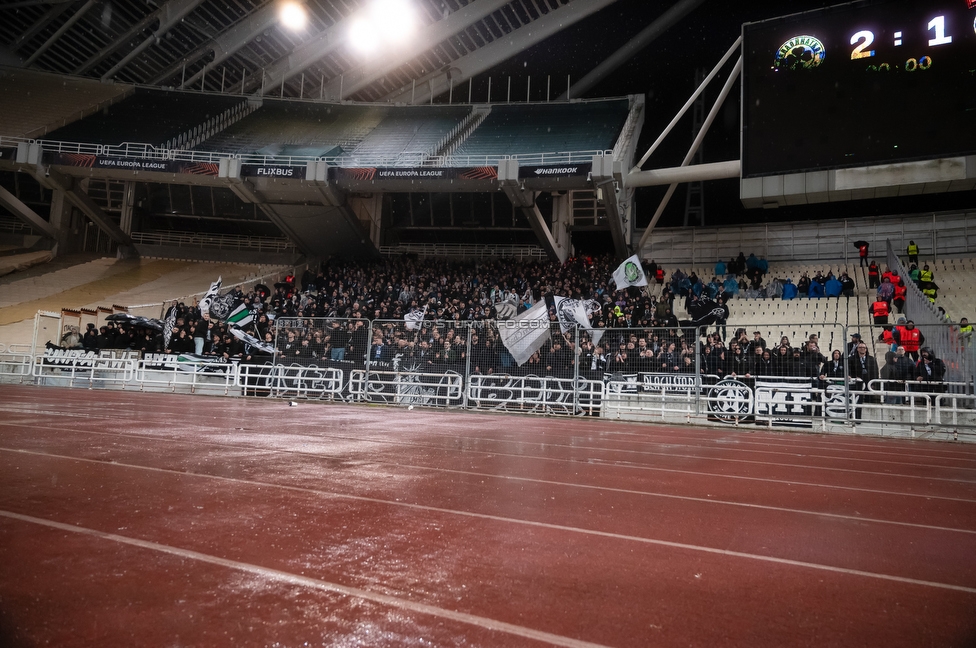 Panathinaikos - Sturm Graz
UEFA Europa League Gruppenphase 5. Spieltag, FC Panathinaikos - SK Sturm Graz, Olympiastadion Athen, 27.11.2025. 

Foto zeigt Fans von Sturm mit einem Spruchband
Schlüsselwörter: repression