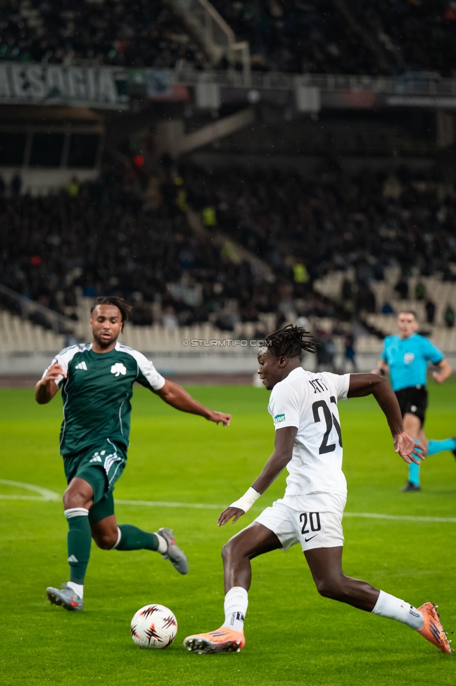 Panathinaikos - Sturm Graz
UEFA Europa League Gruppenphase 5. Spieltag, FC Panathinaikos - SK Sturm Graz, Olympiastadion Athen, 27.11.2025. 

Foto zeigt Seedy Jatta (Sturm)
