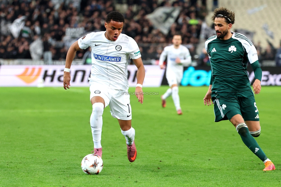 Panathinaikos - Sturm Graz
UEFA Europa League Gruppenphase 5. Spieltag, FC Panathinaikos - SK Sturm Graz, Olympiastadion Athen, 27.11.2025. 

Foto zeigt Maurice Malone (Sturm)
