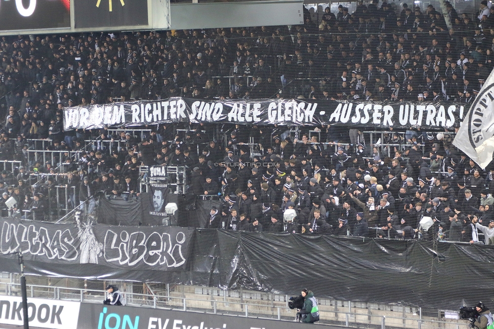 Sturm Graz - Brann Bergen
UEFA Europa League Gruppenphase 8. Spieltag, SK Sturm Graz - SK Brann Bergen, Stadion Liebenau Graz, 29.01.2026. Foto zeigt Fans von Sturm mit einem Spruchband
