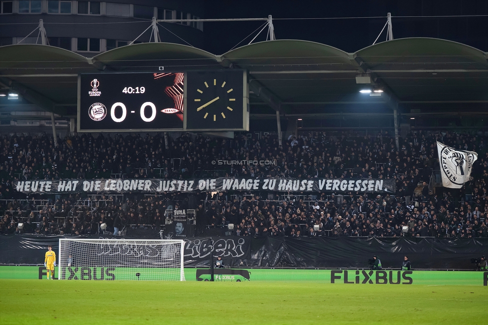 Sturm Graz - Brann Bergen
UEFA Europa League Gruppenphase 8. Spieltag, SK Sturm Graz - SK Brann Bergen, Stadion Liebenau Graz, 29.01.2026. Foto zeigt Fans von Sturm mit einem Spruchband
