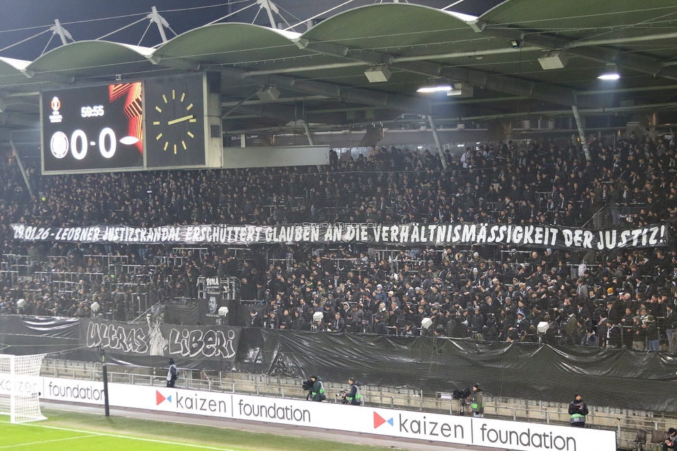 Sturm Graz - Brann Bergen
UEFA Europa League Gruppenphase 8. Spieltag, SK Sturm Graz - SK Brann Bergen, Stadion Liebenau Graz, 29.01.2026. Foto zeigt Fans von Sturm mit einem Spruchband
