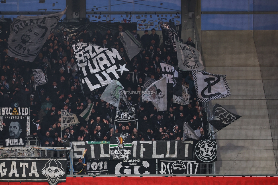 Altach - Sturm Graz
OEFB Cup, Viertelfinale, SC Rheindorf Altach - SK Sturm Graz, Stadion Schnabelholz Altach, 01.02.2026. Foto zeigt Fans von Sturm
