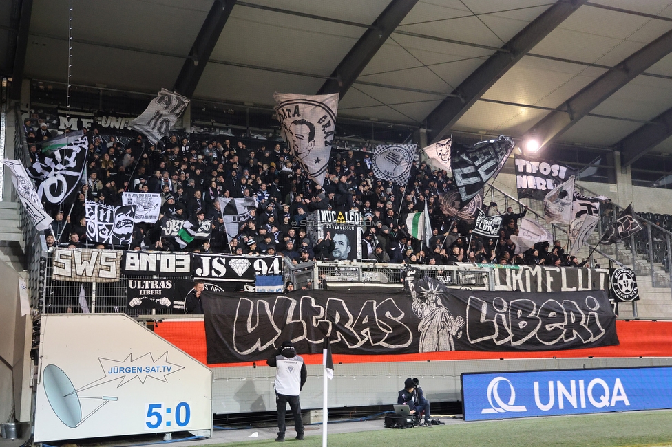 Altach - Sturm Graz
OEFB Cup, Viertelfinale, SC Rheindorf Altach - SK Sturm Graz, Stadion Schnabelholz Altach, 01.02.2026. Foto zeigt Fans von Sturm mit einem Spruchband
Schlüsselwörter: repression