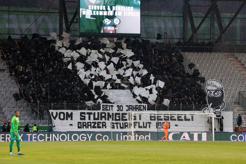 WSG Tirol - Sturm Graz
Oesterreichische Fussball Bundesliga, 19. Runde, WSG Tirol - SK Sturm Graz, Tivoli Stadion Neu, 14.02.2026.Foto zeigt Fans von Sturm mit einer Choreografie
