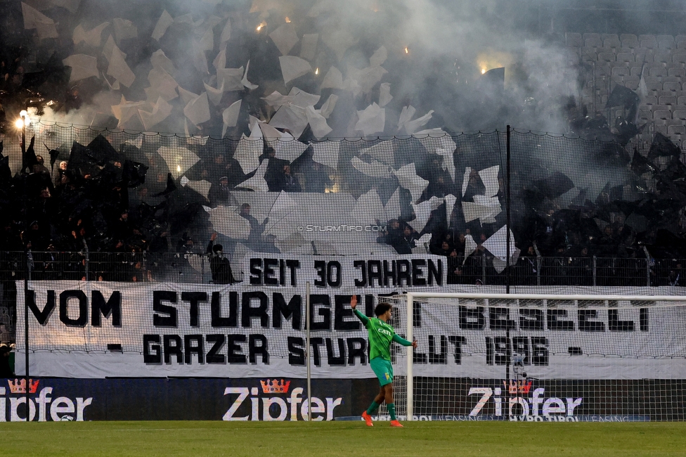 WSG Tirol - Sturm Graz
Oesterreichische Fussball Bundesliga, 19. Runde, WSG Tirol - SK Sturm Graz, Tivoli Stadion Neu, 14.02.2026.Foto zeigt Fans von Sturm mit einer Choreografie
