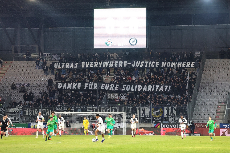 WSG Tirol - Sturm Graz
Oesterreichische Fussball Bundesliga, 19. Runde, WSG Tirol - SK Sturm Graz, Tivoli Stadion Neu, 14.02.2026.

Foto zeigt Fans von Sturm mit einem Spruchband
Schlüsselwörter: repression