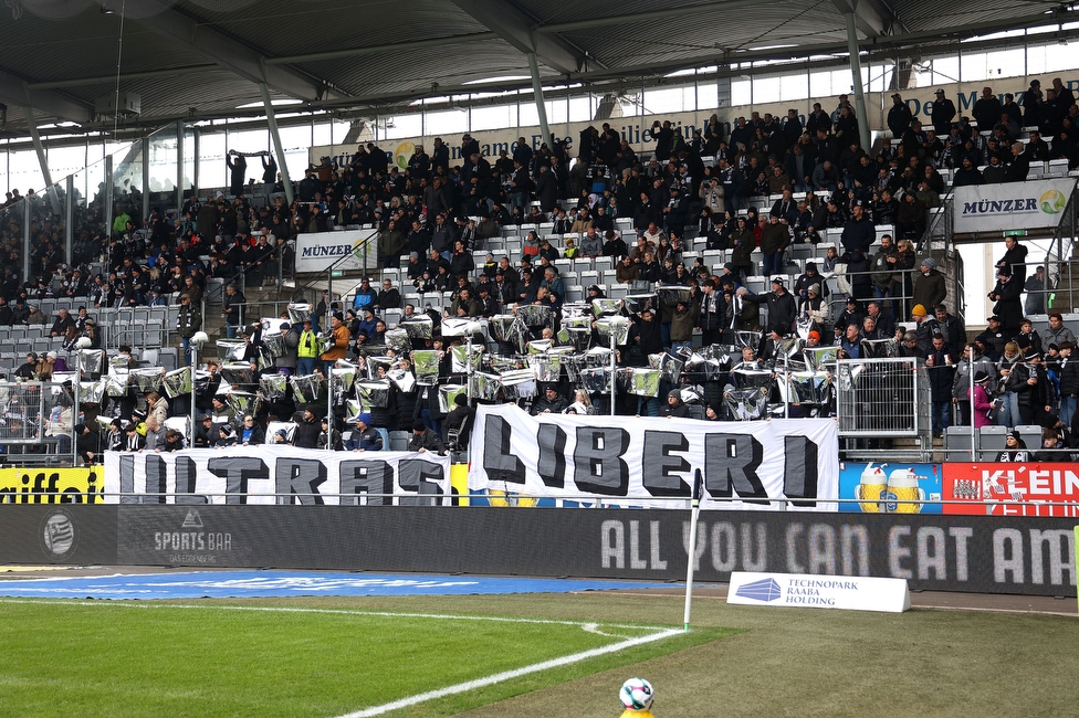 Sturm Graz - BW Linz
Oesterreichische Fussball Bundesliga, 20. Runde, SK Sturm Graz - Blau-Weiss Linz, Stadion Liebenau Graz, 22.02.2026. 

Foto zeigt Fans von Sturm mit einem Spruchband

