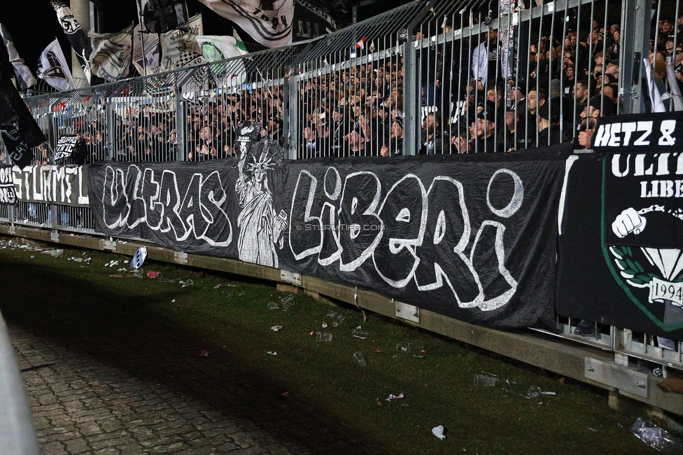 Wolfsberg - Sturm Graz
Oesterreichische Fussball Bundesliga, 21. Runde, Wolfsberger AC - SK Sturm Graz, Lavanttal Arena Wolfsberg, 01.03.2026. Foto zeigt Fans von Sturm mit einem Spruchband
