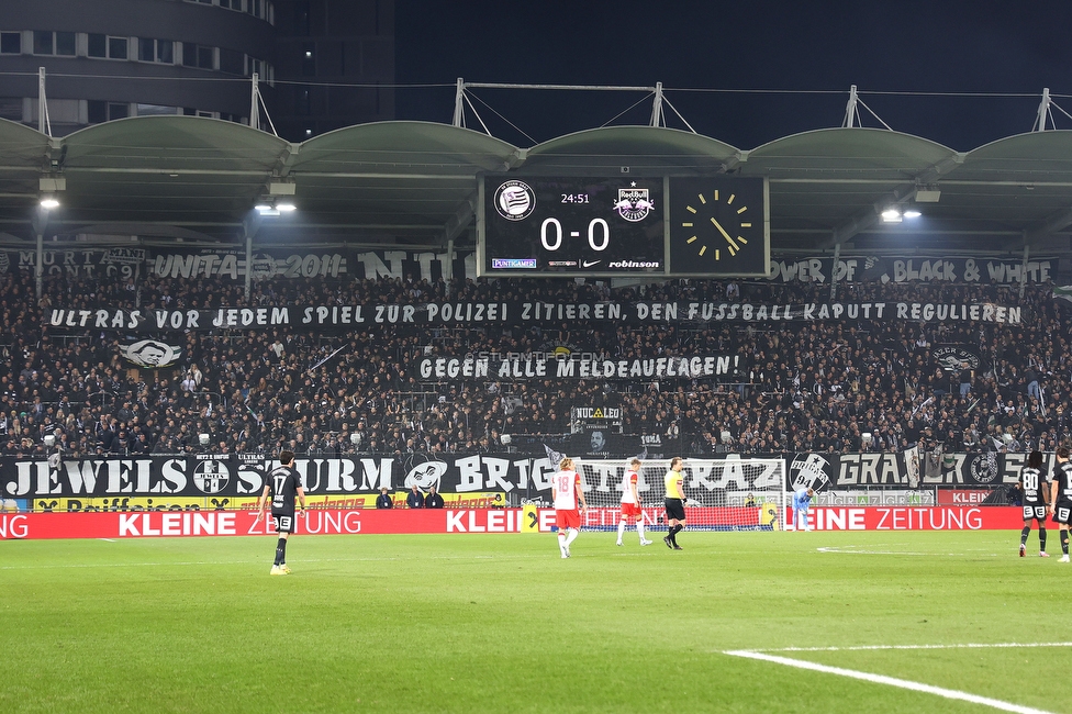 Sturm Graz - RB Salzburg
Oesterreichische Fussball Bundesliga, 24. Runde, SK Sturm Graz - FC RB Salzburg, Stadion Graz-Liebenau, 20.03.2026. Foto zeigt Fans von Sturm mit einem Spruchband
Schlüsselwörter: repression