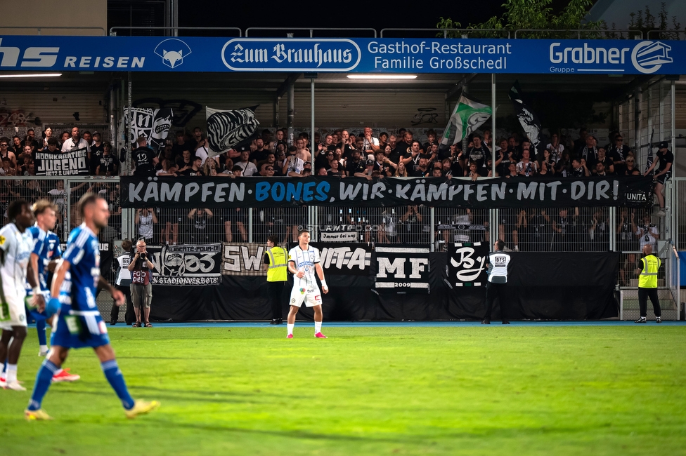 Hartberg - Sturm Graz
Oesterreichische Fussball Bundesliga, 2. Runde, TSV Hartberg - SK Sturm Graz, Arena Hartberg, 08.08.2026.Foto zeigt Fans von Sturm mit einem Spruchband
Schlüsselwörter: unita