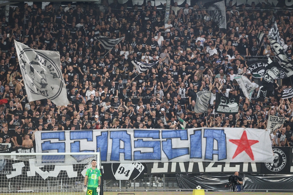 Sturm Graz - Fenerbahce
UEFA Champions League Qualifikation 3. Runde, SK Sturm Graz - Fenerbahce SK, Stadion Graz-Liebenau, 11.08.2026. 

Foto zeigt Fans von Sturm mit einem Spruchband
Schlüsselwörter: pisa