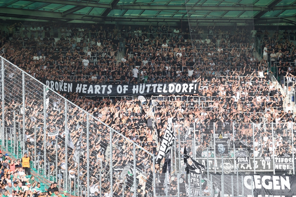 Rapid - Sturm Graz
Oesterreichische Fussball Bundesliga, 5. Runde, SK Rapid Wien - SK Sturm Graz, Weststadion Wien, 30.08.2026. Foto zeigt Fans von Sturm mit einem Spruchband
