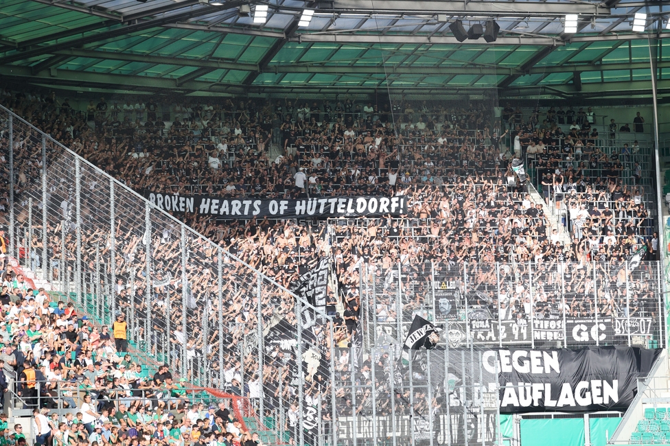 Rapid - Sturm Graz
Oesterreichische Fussball Bundesliga, 5. Runde, SK Rapid Wien - SK Sturm Graz, Weststadion Wien, 30.08.2026. Foto zeigt Fans von Sturm mit einem Spruchband
