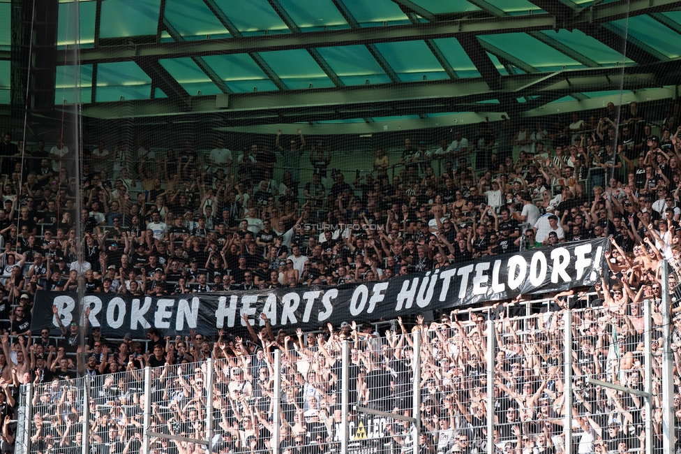 Rapid - Sturm Graz
Oesterreichische Fussball Bundesliga, 5. Runde, SK Rapid Wien - SK Sturm Graz, Weststadion Wien, 30.08.2026. 

Foto zeigt Fans von Sturm mit einem Spruchband
