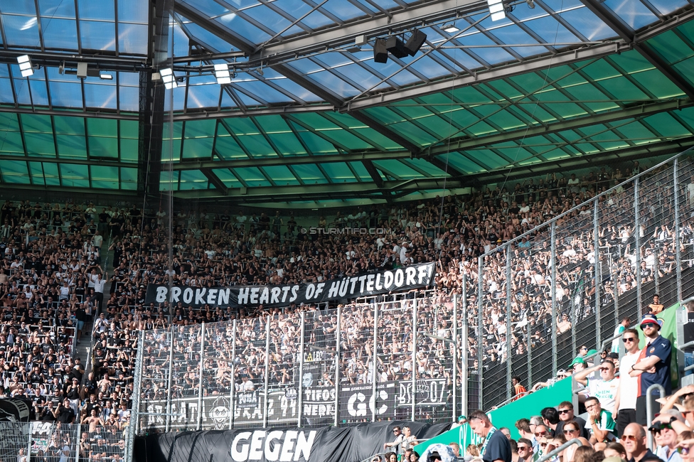 Rapid - Sturm Graz
Oesterreichische Fussball Bundesliga, 5. Runde, SK Rapid Wien - SK Sturm Graz, Weststadion Wien, 30.08.2026. 

Foto zeigt Fans von Sturm mit einem Spruchband

