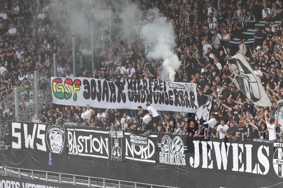 Sturm Graz - LASK
Oesterreichische Fussball Bundesliga, 6. Runde, SK Sturm Graz - Linzer ASK, Stadion Graz-Liebenau, 13.09.2026. Foto zeigt Fans von Sturm mit einem Spruchband
