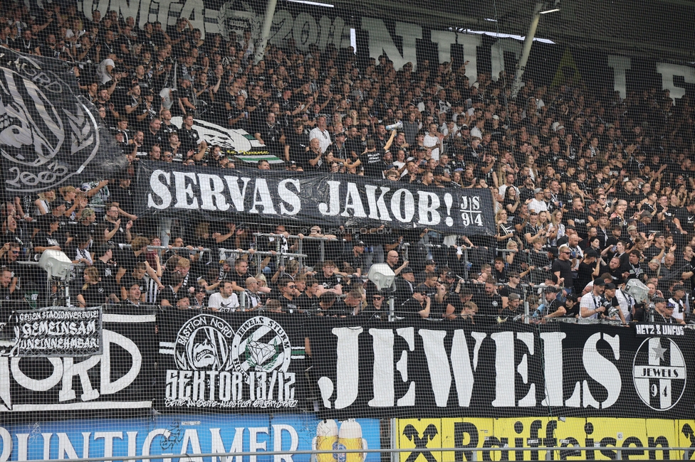 Sturm Graz - LASK
Oesterreichische Fussball Bundesliga, 6. Runde, SK Sturm Graz - Linzer ASK, Stadion Graz-Liebenau, 13.09.2026. Foto zeigt Fans von Sturm mit einem Spruchband

