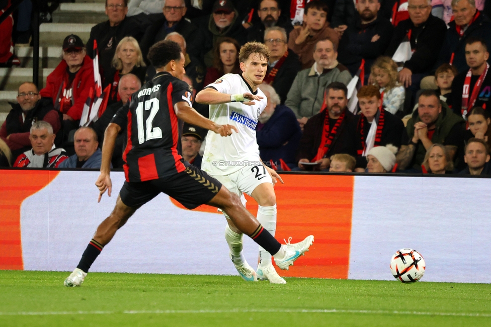 Bournemouth - Sturm Graz
UEFA Europa League Gruppenphase 2. Spieltag, AFC Bournemouth - SK Sturm Graz, Bournemouth Stadium, 15.10.2026. 

Foto zeigt Luis Balbo (Sturm)
