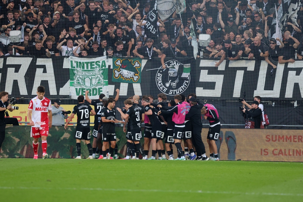 Sturm Graz - GAK
Oesterreichische Fussball Bundesliga, 9. Runde, SK Sturm Graz - Grazer AK, Stadion Graz-Liebenau, 18.10.2026. 

Foto zeigt Juergen Heil (Sturm) und Fans von Sturm
Schlüsselwörter: torjubel