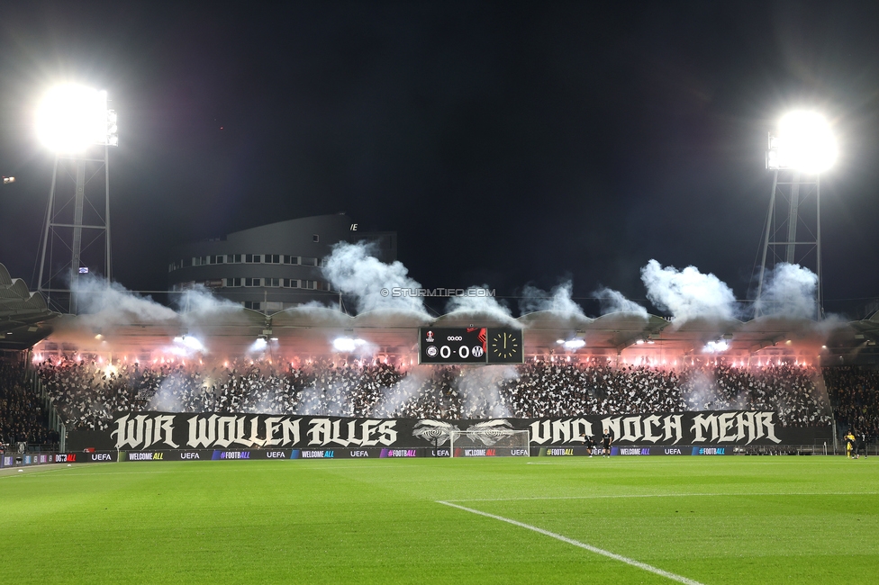 Sturm Graz - Marseille
UEFA Europa League Gruppenphase 3. Spieltag, SK Sturm Graz - Olympique de Marseille, Stadion Graz-Liebenau Graz, 22.10.2026. Foto zeigt Fans von Sturm mit einer Choreografie
